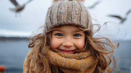 Young girl smiling at camera, wearing scarf and coat, standing on beach with seagulls flying overhead.