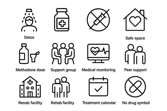 Substance Treatment Icons. Substance use treatment. Line icon set of substance use treatment: detox icon, medication bottle, syringe crossed out, safe space,