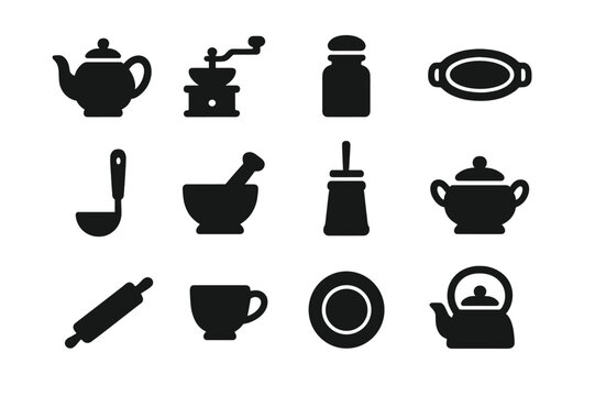 Antique Kitchenware Icons. Antique Kitchenware. Solid icon set of teapot, coffee grinder, spice jar, serving tray, ladle, mortar and pestle, butter churn,