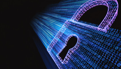 Abstract digital image conveying cybersecurity data protection. A padlock outline glows against a streaming binary code backdrop. Ideal for IT, privacy or tech themes.
