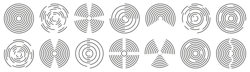 Concentric line circles with segmented geometric variations. Each form shows rhythmic movement through repeated curves and openings