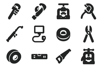 Pipe Tools Icons. Pipe tools. Solid icon set of Pipe tools: pipe wrench, pipe cutter, threading tool, pipe bender, welding torch, inspection camera, tape