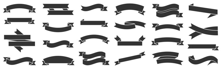 Ribbon banner collection in flat black style. Variety of curved and straight shapes for titles, promotions, and decorative compositions