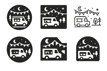 Food Truck Logos Grid. Food truck street parties. Icon set. Set Logo of food truck street parties: night street scene with food trucks and fairy lights.