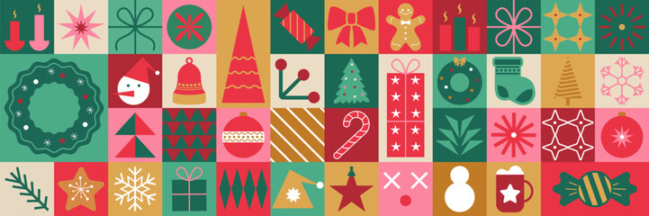 Fototapeta premium Christmas icon grid with colorful holiday elements. Decorative objects like trees, gifts, wreaths, and stars arranged in geometric composition. Perfect for festive patterns or greeting backgrounds