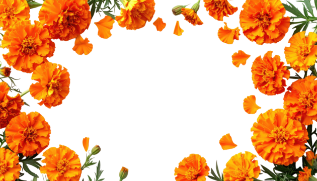 Bright orange flowers create a border on a black background. Green foliage intertwines with the blossoms. Petals are scattered. A natural frame