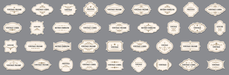 Retro vintage label frames with classic typography and ornate decorations. Elegant beige color palette and realistic paper style