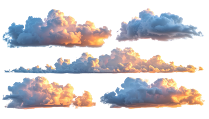 Several fluffy, white and orange-tinged clouds float against a dark backdrop. The cumulus formations feature intricate textures