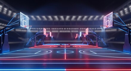 Futuristic neon basketball arena with glowing court lines