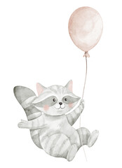 Raccoon watercolor illustration with a balloon. Drawing of young forest animal. Suitable for nursery posters or baby shower greeting cards and Birthday invitations. Art of cute cub for children.