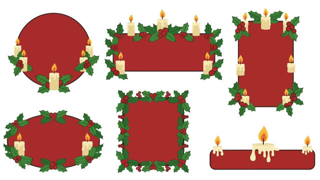 Festive Christmas Holly and Candle Borders with Red Backgrounds, Perfect for Holiday Designs and Celebrations