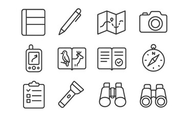 Field Journal Icons. Field Journal. Line icon set of Field Journal: notebook, pen, map, camera, GPS, wildlife sketches, observation notes, checklist, compass,