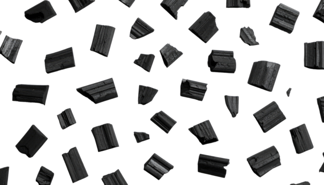 Black background with scattered charcoal pieces of varying sizes and shapes, creating a pattern