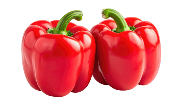 Two vibrant, perfectly formed red bell peppers with their green stems still attached are set against a transparent backdrop