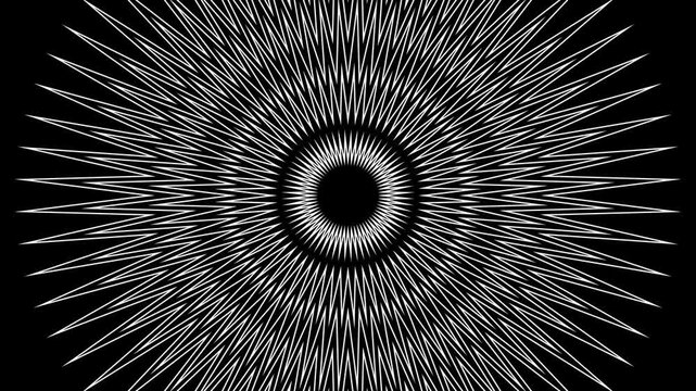 Futuristic 4K abstract animation of a glowing white star or sunburst expanding outwards from the center, creating a radial radio wave. Ideal for tech, broadcast, or energetic backdrops.