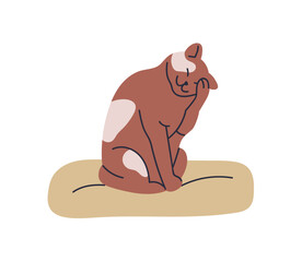 Cute cat grooming itself. Funny furry feline sitting on cozy cushion, pet bed, cleaning face, muzzle with paw. Kitty during self groom, hygiene. Flat vector illustration isolated on white background.