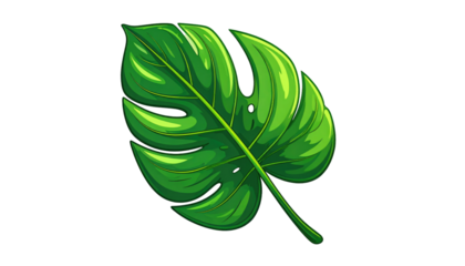 A vibrant, detailed illustration of a large, green tropical leaf with intricate veining and distinctive cutouts. The leaf is depicted against a stark black background