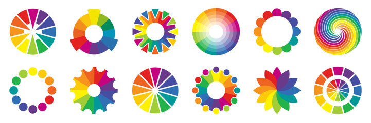 Bright circular shapes with rainbow segments and decorative arrangements. Each form shows a unique colorful radial pattern. Dynamic curves create a modern energetic visual style