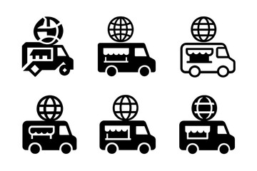 Global Street Food Icons. International street food and snacks. Icon set. Set Logo of International street food and snacks: food truck serving global cuisine.