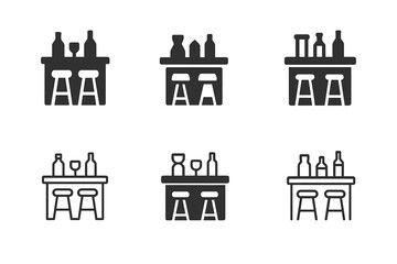 Home Bar Icons. Home bar and entertainment area design. Icon set. Set Logo of home bar and entertainment area design: Bar counter with stools. harmonious logo