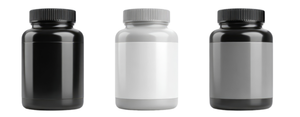 Three supplement containers, two dark and one light. All have screw-top lids and blank labels. The objects are set against a dark background