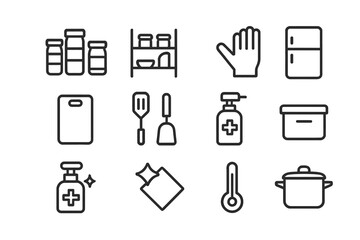 Allergy-Safe Kitchen Icons. Allergy-safe kitchen setup. Line icon set of allergy-safe kitchen setup: labeled containers, separate shelf, gloves, cutting board,