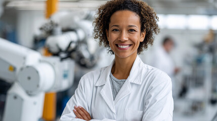 Engineer smiling confidently in a modern robotics facility during a collaborative project
