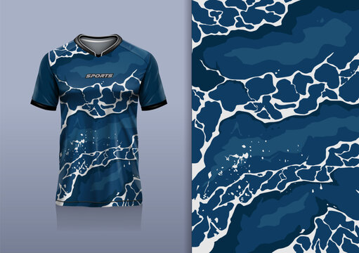 T-shirt mockup abstract texture grunge water sport jersey design for football, soccer, racing, esports, running, white blue color