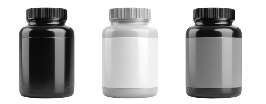 Three supplement containers, two dark and one light. All have screw-top lids and blank labels. The objects are set against a dark background