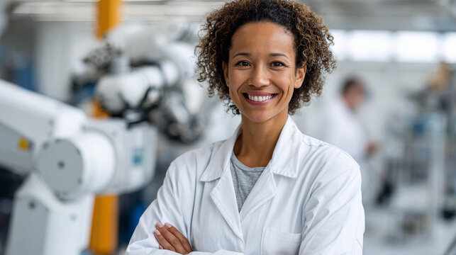 Engineer smiling confidently in a modern robotics facility during a collaborative project