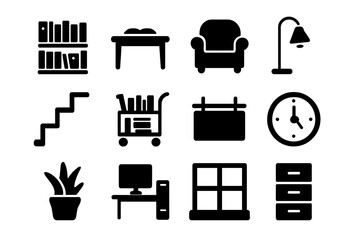Library Icons Set. Library Interior. Solid icon set of Library Interior: bookshelf, table, reading chair, lamp, stairs, book cart, signboard, clock, plant,