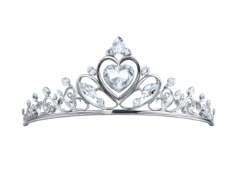 A sparkling tiara, featuring a central heart-shaped jewel and ornate details. The elegant diadem is silver and gem-encrusted, evoking royalty