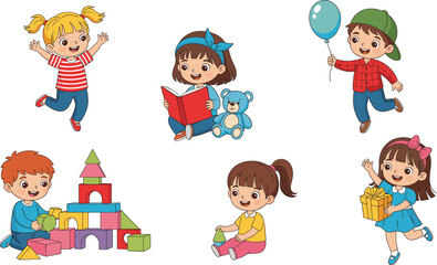 Cute Happy Children Playing and Learning Vector Illustration Set Kids Reading Books, Building Toy Blocks, Jumping, and Having Fun Collection.