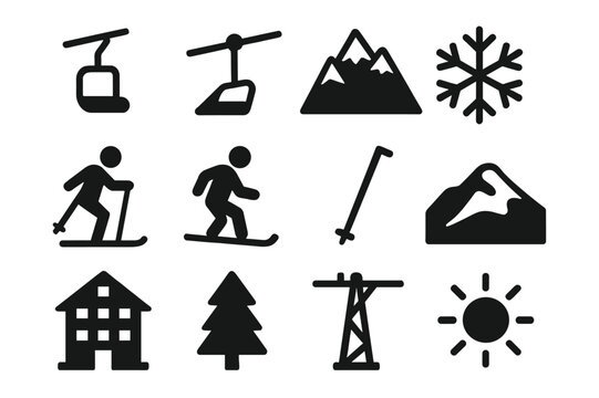 Ski Lift Icons. Ski lifts. Solid icon set of Ski lifts at a snowy mountain resort: ski lift chair, cable line, mountain peak, snowflake, skier, snowboarder,