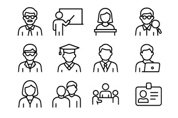 Fototapeta premium Faculty and Staff Icons. Faculty and staff. Line icon set of faculty and staff: professor, teacher, lecturer, researcher, lab assistant, advisor, dean, tutor,