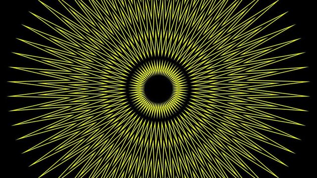 Futuristic 4K abstract animation of a glowing yellow star or sunburst expanding outwards from the center, creating a radial radio wave. Ideal for tech, broadcast, or energetic backdrops.