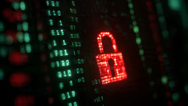 Digital Security Breach: Glowing Red Padlock on a Screen of Green Binary Code.