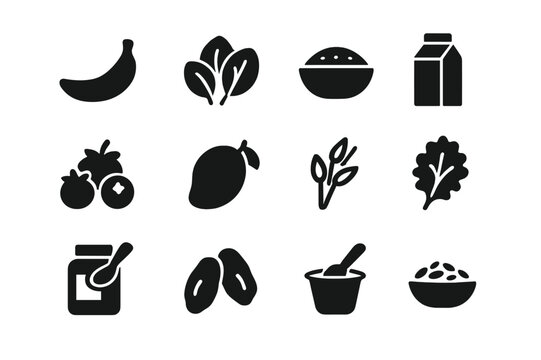Smoothie Ingredients Icons. Smoothie ingredients. Solid icon set of smoothie ingredients: banana, spinach, chia seeds, almond milk, berries, mango, oats, kale,