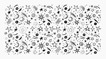 Hand drawn black and white star and celestial elements pattern