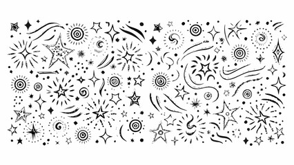 Collection of hand drawn black stars and celestial elements on white background