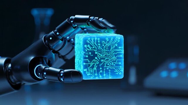 A metallic robotic hand gently cradles a glowing, translucent cube embedded with a circuit board design. The scene has blue tones