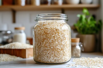 Uncooked rice grains in glass jar high resolution picture