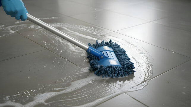 Mop cleaning tile floors with soapy water in a home or business ensuring a clean, sanitized, and healthy environment with essential hygiene practices