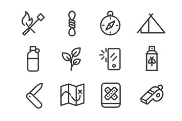 Survival Icons Set. Survival skills. Line icon set of survival skills: fire starter, rope knot, compass, shelter icon, water bottle, edible plant, signal