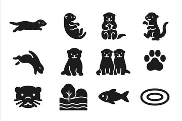 Obraz premium Otter Icon Collection. Otter. Solid icon set of otter: swimming otter, otter floating on back, otter holding shell, playful otter, otter diving, baby otter,