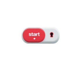 Graphic with a rounded rectangle, showcasing a red "start" button with a keyhole on the opposite end, set against a black backdrop