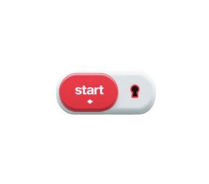 Graphic with a rounded rectangle, showcasing a red "start" button with a keyhole on the opposite end, set against a black backdrop