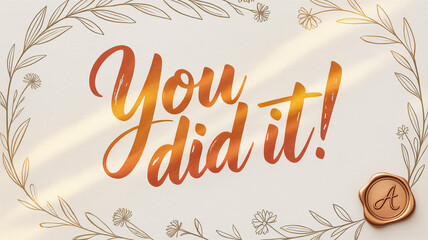 Minimalist warm-toned watercolor ‘you did it’ script on textured cotton canvas with sepia botanical border and wax-seal icon, handcrafted aesthetic, milestone e-card style.
