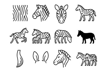 Obraz premium Zebra Icon Collection. Zebra Pattern Icons. Line icon set of Zebra Pattern Icons: zebra stripes pattern, zebra head, zebra face close-up, standing zebra,