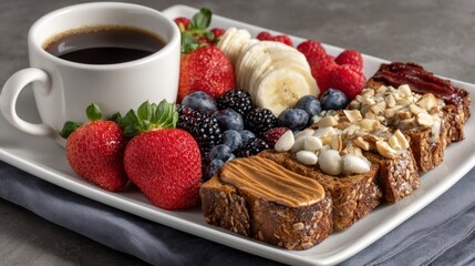 Fresh Breakfast Platter Featuring Slices of Bread, Fresh Fruits, Toasted Nuts, and a Cup of Coffee Perfect for Morning Meal Inspiration